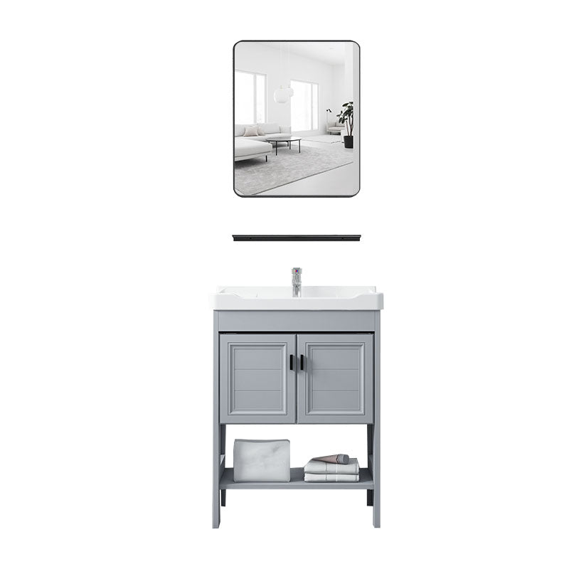 Shelving Included Bath Vanity Freestanding Grey Single Sink 2 Doors Metal Frame Vanity Vanity & Faucet & Mirrors 24"L x 16"W x 31"H Clearhalo 'Bathroom Remodel & Bathroom Fixtures' 'Bathroom Vanities' 'bathroom_vanities' 'Home Improvement' 'home_improvement' 'home_improvement_bathroom_vanities' 7160543