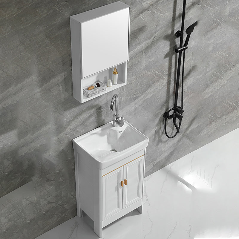 Freestanding Bath Vanity White Mirror Rectangular Single Sink Vanity with Doors Vanity & Faucet & Mirror Cabinet 20"L x 14"W x 32"H Clearhalo 'Bathroom Remodel & Bathroom Fixtures' 'Bathroom Vanities' 'bathroom_vanities' 'Home Improvement' 'home_improvement' 'home_improvement_bathroom_vanities' 7160571