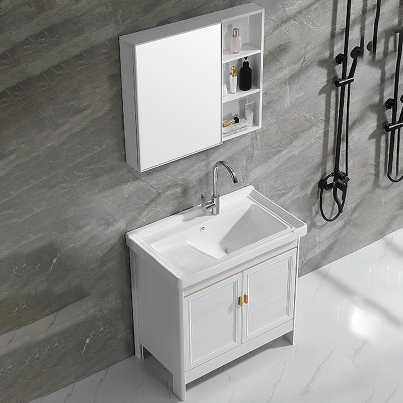 Freestanding Bath Vanity White Mirror Rectangular Single Sink Vanity with Doors Vanity & Faucet & Mirror Cabinet Clearhalo 'Bathroom Remodel & Bathroom Fixtures' 'Bathroom Vanities' 'bathroom_vanities' 'Home Improvement' 'home_improvement' 'home_improvement_bathroom_vanities' 7160575