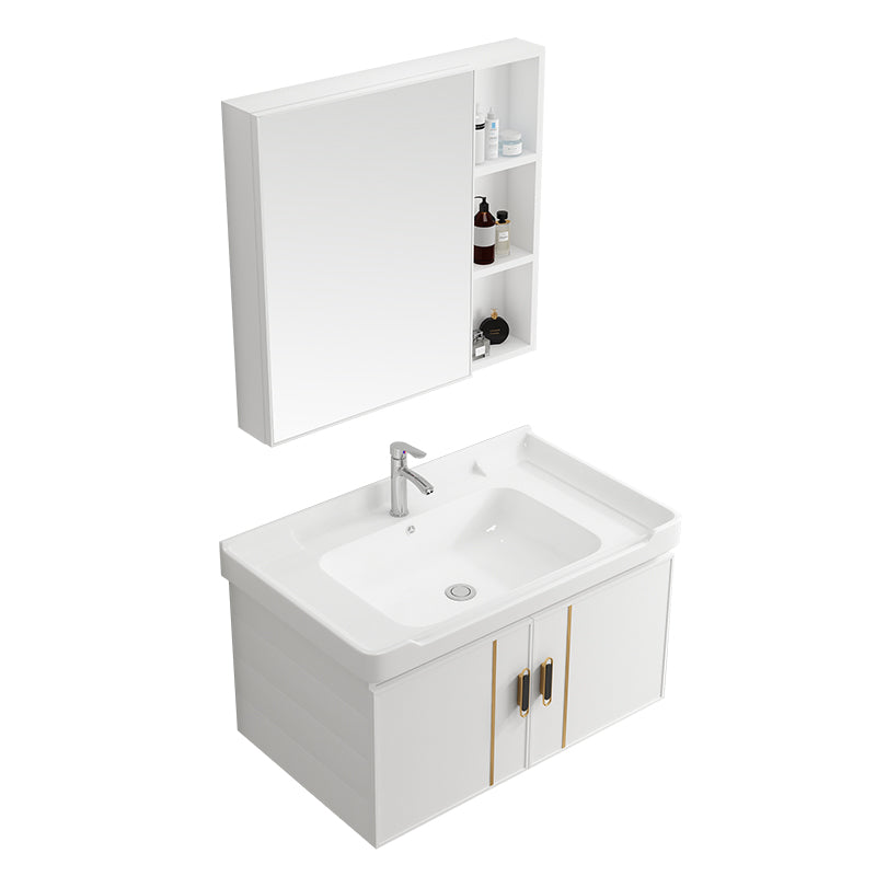 Vanity Sink White Wall Mounted Drawers Doors Faucet Ceramic Sink Vanity with Mirror Clearhalo 'Bathroom Remodel & Bathroom Fixtures' 'Bathroom Vanities' 'bathroom_vanities' 'Home Improvement' 'home_improvement' 'home_improvement_bathroom_vanities' 7160651