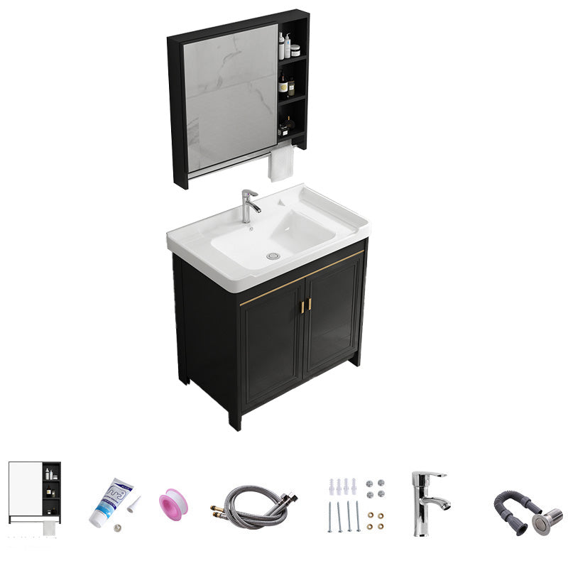 Free Standing Vanity Sink Ceramic Sink Drawers Faucet Vanity Set with Mirror Vanity & Faucet & Mirror Cabinet 28"L x 19"W x 32"H Towel Bar Included Clearhalo 'Bathroom Remodel & Bathroom Fixtures' 'Bathroom Vanities' 'bathroom_vanities' 'Home Improvement' 'home_improvement' 'home_improvement_bathroom_vanities' 7160812