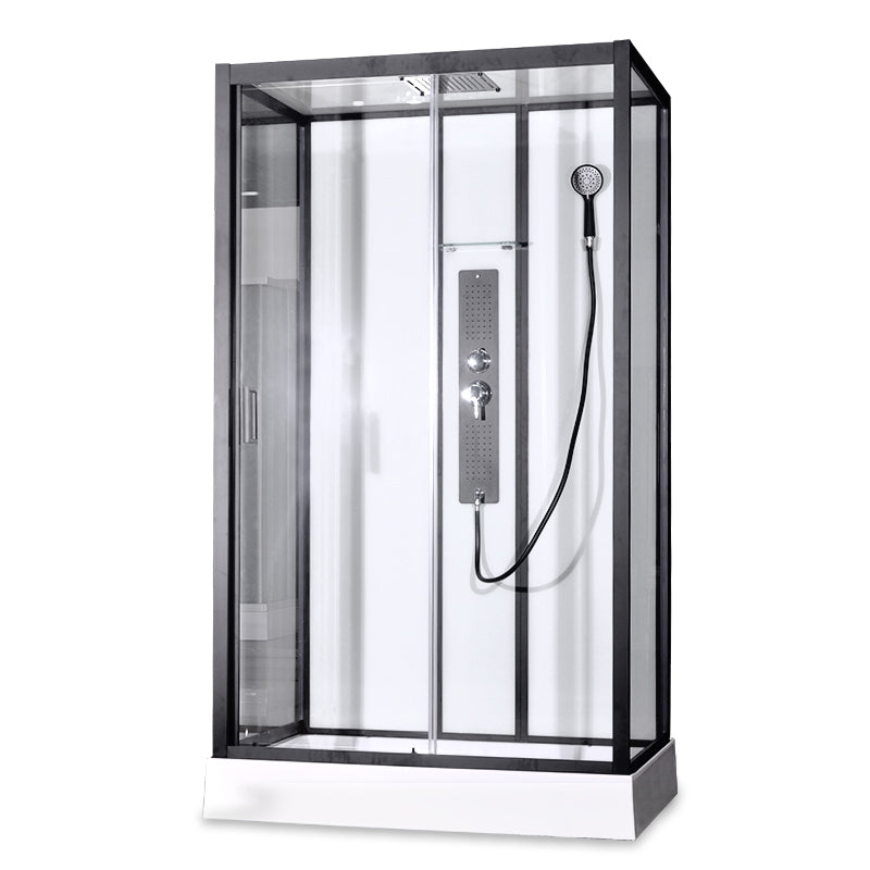 Black Framed Shower Enclosure Single Sliding Square Shower Kit 47.2"L x 31.5"W x 84.6"H Left Clearhalo 'Bathroom Remodel & Bathroom Fixtures' 'Home Improvement' 'home_improvement' 'home_improvement_shower_stalls_enclosures' 'Shower Stalls & Enclosures' 'shower_stalls_enclosures' 'Showers & Bathtubs' 7161788