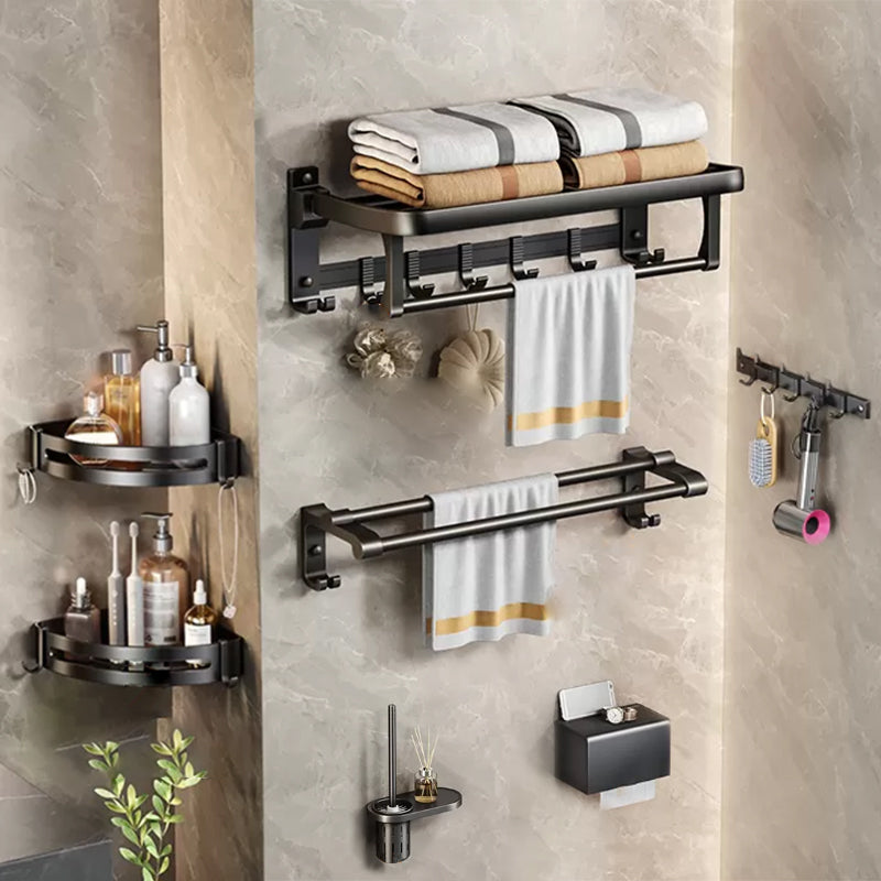 Modern Bath Hardware Set Black Bath Shelf Paper Holder Bathroom Accessory Kit 7-Piece Set (Double Rods) Clearhalo 'Bathroom Hardware Sets' 'Bathroom Hardware' 'Bathroom Remodel & Bathroom Fixtures' 'bathroom_hardware_sets' 'Home Improvement' 'home_improvement' 'home_improvement_bathroom_hardware_sets' 7164181