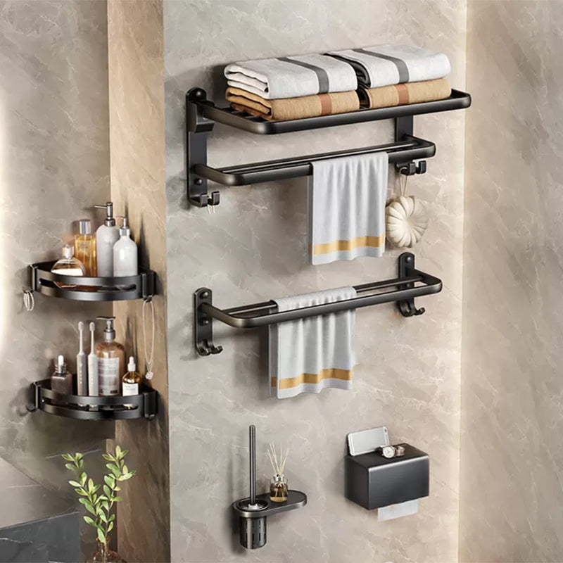 Modern Bath Hardware Set Black Bath Shelf Paper Holder Bathroom Accessory Kit 6-Piece Set (Toilet Brush) Clearhalo 'Bathroom Hardware Sets' 'Bathroom Hardware' 'Bathroom Remodel & Bathroom Fixtures' 'bathroom_hardware_sets' 'Home Improvement' 'home_improvement' 'home_improvement_bathroom_hardware_sets' 7164188