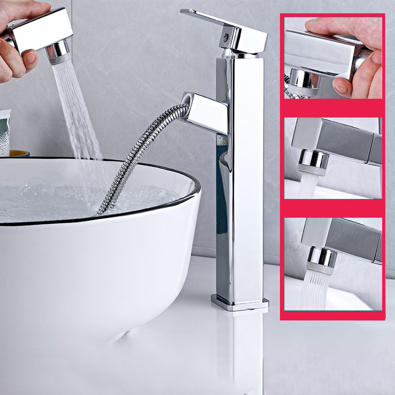 Modern Bathroom Vessel Faucet Swivel Spout Single Handle Faucet with Pull down Sprayer Cromo 11" Moderno Clearhalo 'bathroom_sink_faucets' 'Conjunta de Baño y Conjunta de Grifo' 'Coronamiento de Baño y Dispositivo de Baño' 'Grifo del lavabo del baño' 'Hogar' 'home_improvement' 'home_improvement_bathroom_sink_faucets' 'Mejoras para el hogar' 7164321