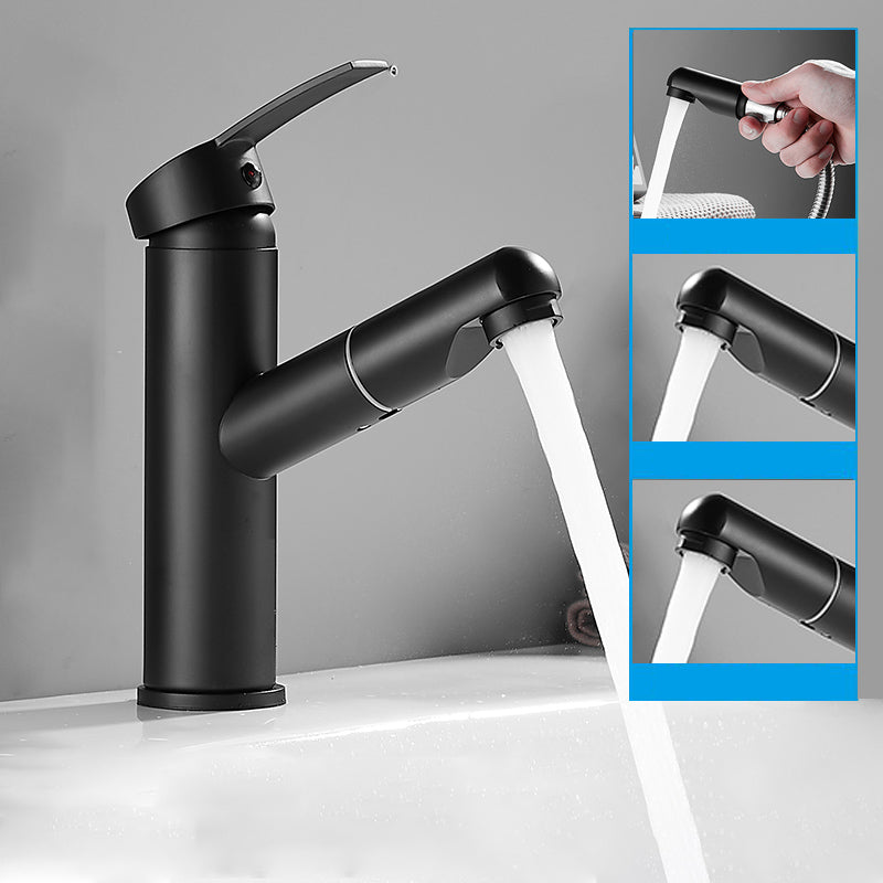 Modern Bathroom Vessel Faucet Swivel Spout Single Handle Faucet with Pull down Sprayer Negro 6.9" Moderno Clearhalo 'bathroom_sink_faucets' 'Conjunta de Baño y Conjunta de Grifo' 'Coronamiento de Baño y Dispositivo de Baño' 'Grifo del lavabo del baño' 'Hogar' 'home_improvement' 'home_improvement_bathroom_sink_faucets' 'Mejoras para el hogar' 7164323