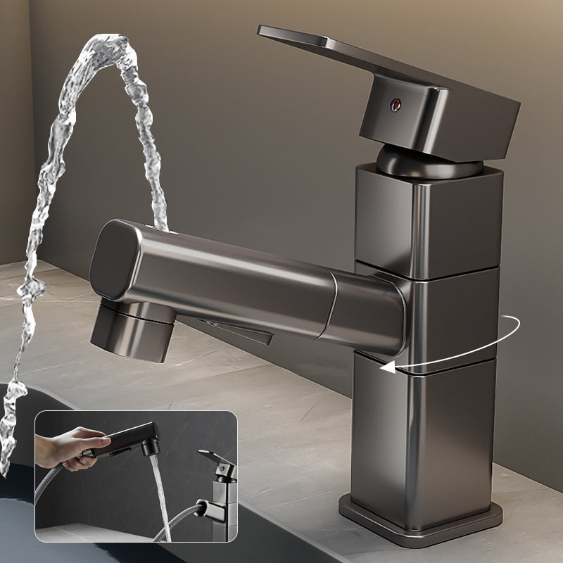 Modern Bathroom Vessel Faucet Swivel Spout Single Handle Faucet with Pull down Sprayer Gun Grey 7.1" Moderno Clearhalo 'bathroom_sink_faucets' 'Conjunta de Baño y Conjunta de Grifo' 'Coronamiento de Baño y Dispositivo de Baño' 'Grifo del lavabo del baño' 'Hogar' 'home_improvement' 'home_improvement_bathroom_sink_faucets' 'Mejoras para el hogar' 7164327