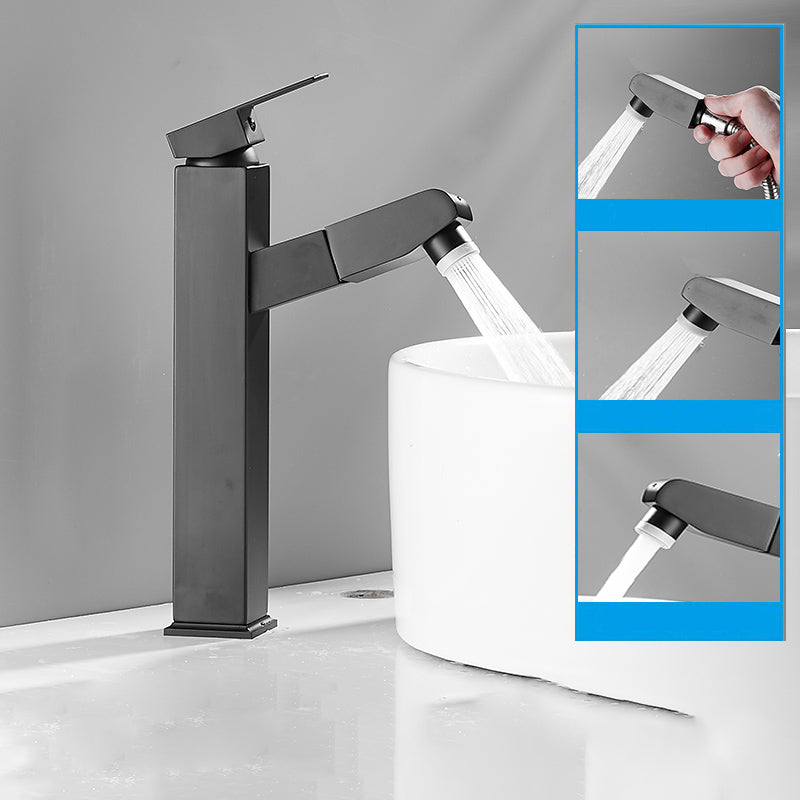 Modern Bathroom Vessel Faucet Swivel Spout Single Handle Faucet with Pull down Sprayer Negro 11" Moderno Clearhalo 'bathroom_sink_faucets' 'Conjunta de Baño y Conjunta de Grifo' 'Coronamiento de Baño y Dispositivo de Baño' 'Grifo del lavabo del baño' 'Hogar' 'home_improvement' 'home_improvement_bathroom_sink_faucets' 'Mejoras para el hogar' 7164333