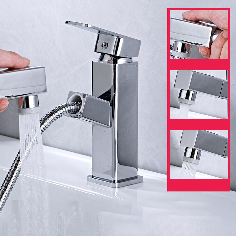 Modern Bathroom Vessel Faucet Swivel Spout Single Handle Faucet with Pull down Sprayer Cromo 7.1" Moderno Clearhalo 'bathroom_sink_faucets' 'Conjunta de Baño y Conjunta de Grifo' 'Coronamiento de Baño y Dispositivo de Baño' 'Grifo del lavabo del baño' 'Hogar' 'home_improvement' 'home_improvement_bathroom_sink_faucets' 'Mejoras para el hogar' 7164336