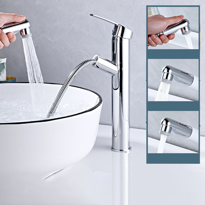 Modern Bathroom Vessel Faucet Swivel Spout Single Handle Faucet with Pull down Sprayer Cromo 10.8" Moderno Clearhalo 'bathroom_sink_faucets' 'Conjunta de Baño y Conjunta de Grifo' 'Coronamiento de Baño y Dispositivo de Baño' 'Grifo del lavabo del baño' 'Hogar' 'home_improvement' 'home_improvement_bathroom_sink_faucets' 'Mejoras para el hogar' 7164337