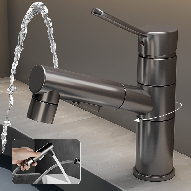 Modern Bathroom Vessel Faucet Swivel Spout Single Handle Faucet with Pull down Sprayer Gun Grey 6.9" Moderno Clearhalo 'bathroom_sink_faucets' 'Conjunta de Baño y Conjunta de Grifo' 'Coronamiento de Baño y Dispositivo de Baño' 'Grifo del lavabo del baño' 'Hogar' 'home_improvement' 'home_improvement_bathroom_sink_faucets' 'Mejoras para el hogar' 7164341