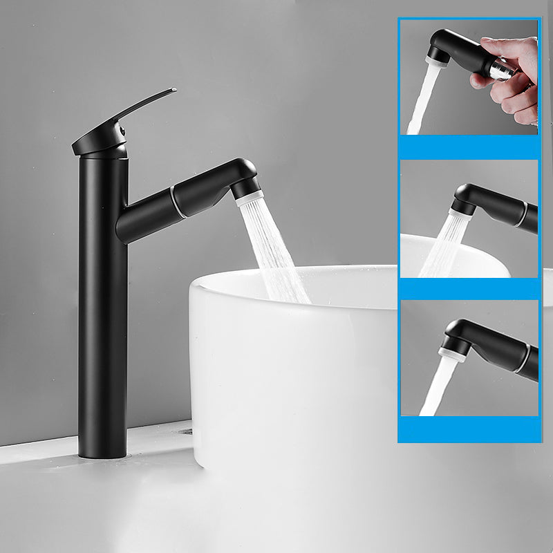 Modern Bathroom Vessel Faucet Swivel Spout Single Handle Faucet with Pull down Sprayer Negro 10.8" Moderno Clearhalo 'bathroom_sink_faucets' 'Conjunta de Baño y Conjunta de Grifo' 'Coronamiento de Baño y Dispositivo de Baño' 'Grifo del lavabo del baño' 'Hogar' 'home_improvement' 'home_improvement_bathroom_sink_faucets' 'Mejoras para el hogar' 7164348