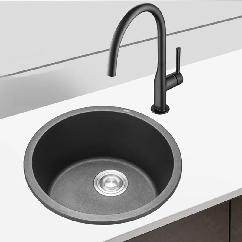 Modern Granite Single Bowl Sink with Basket Strainer Kitchen Sink Round Faucet Black Clearhalo 'Home Improvement' 'home_improvement' 'home_improvement_kitchen_sinks' 'Kitchen Remodel & Kitchen Fixtures' 'Kitchen Sinks & Faucet Components' 'Kitchen Sinks' 'kitchen_sinks' 7165328