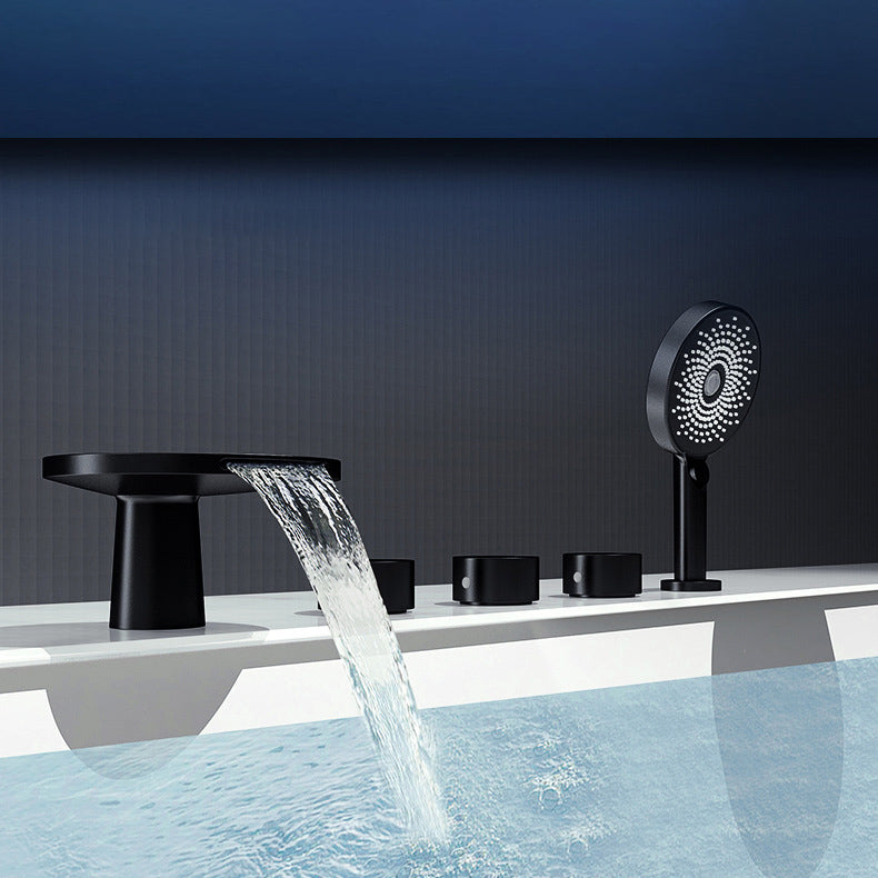 Modern Deck Mounted Metal Tub Faucet Trim Fixed Tub Faucet Trim Black Clearhalo 'Bathroom Remodel & Bathroom Fixtures' 'Bathtub Faucets' 'bathtub_faucets' 'Home Improvement' 'home_improvement' 'home_improvement_bathtub_faucets' 7165455