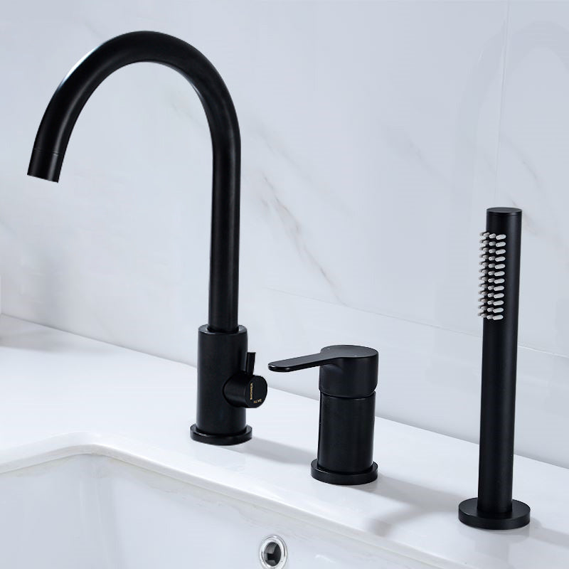 Modern Deck Mounted Tub Faucet Trim Metal Tub Faucet Trim with Hose Black 3 Hole Faucets Clearhalo 'Bathroom Remodel & Bathroom Fixtures' 'Bathtub Faucets' 'bathtub_faucets' 'Home Improvement' 'home_improvement' 'home_improvement_bathtub_faucets' 7165497