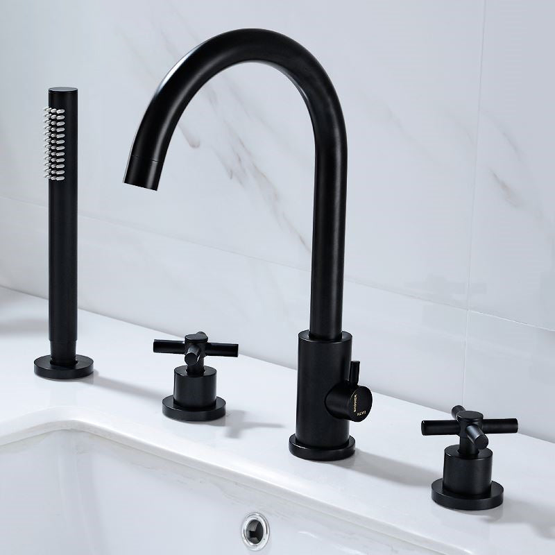 Modern Deck Mounted Tub Faucet Trim Metal Tub Faucet Trim with Hose Black 4 Hole Faucets Clearhalo 'Bathroom Remodel & Bathroom Fixtures' 'Bathtub Faucets' 'bathtub_faucets' 'Home Improvement' 'home_improvement' 'home_improvement_bathtub_faucets' 7165514