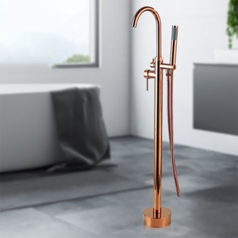 Floor Mounted Metal Freestanding Tub Filler One Hold Freestanding Tub Filler Trim Rose Gold Gooseneck Hand Shower Included Clearhalo 'Bathroom Remodel & Bathroom Fixtures' 'Bathtub Faucets' 'bathtub_faucets' 'Home Improvement' 'home_improvement' 'home_improvement_bathtub_faucets' 7165526