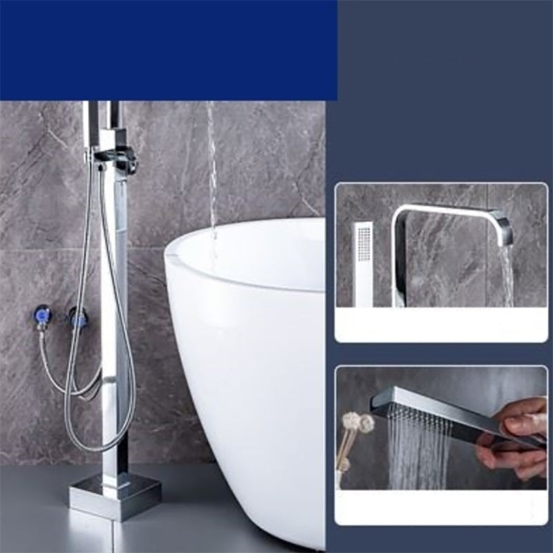 Floor Mounted Metal Freestanding Tub Filler One Hold Freestanding Tub Filler Trim Chrome 7 Shape Hand Shower Included Clearhalo 'Bathroom Remodel & Bathroom Fixtures' 'Bathtub Faucets' 'bathtub_faucets' 'Home Improvement' 'home_improvement' 'home_improvement_bathtub_faucets' 7165535