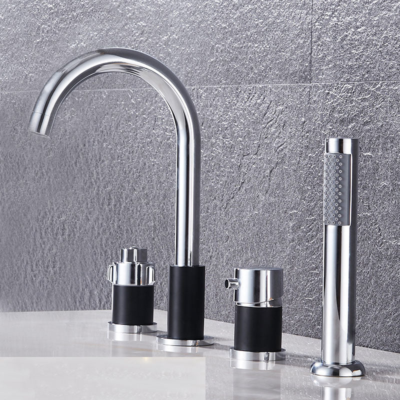 Modern Style Roman Tub Faucet Deck-Mount Copper Roman Tub Faucet Silver Black Knob Handles 4 Hole Faucets Clearhalo 'Bathroom Remodel & Bathroom Fixtures' 'Bathtub Faucets' 'bathtub_faucets' 'Home Improvement' 'home_improvement' 'home_improvement_bathtub_faucets' 7165633