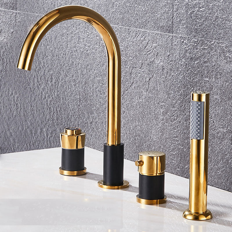 Modern Style Roman Tub Faucet Deck-Mount Copper Roman Tub Faucet Black-Gold Push Button 4 Hole Faucets Clearhalo 'Bathroom Remodel & Bathroom Fixtures' 'Bathtub Faucets' 'bathtub_faucets' 'Home Improvement' 'home_improvement' 'home_improvement_bathtub_faucets' 7165637