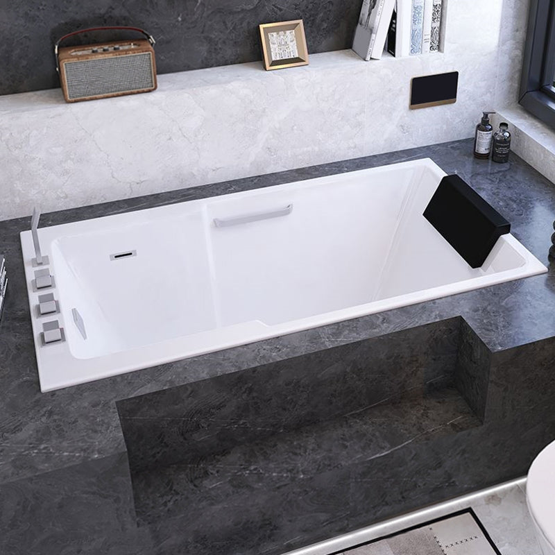 Modern Soaking Acrylic Bathtub Rectangular Drop-in White Bath Tub & Silver 5-Piece Set & Pillow Armrest Clearhalo 'Bathroom Remodel & Bathroom Fixtures' 'Bathtubs' 'Home Improvement' 'home_improvement' 'home_improvement_bathtubs' 'Showers & Bathtubs' 7174424