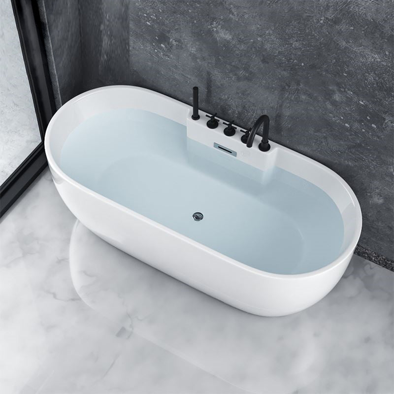 White Stand Alone Bath Modern Oval Soaking Acrylic Back to Wall Bathtub Tub with Black 5-Piece Set Clearhalo 'Bathroom Remodel & Bathroom Fixtures' 'Bathtubs' 'Home Improvement' 'home_improvement' 'home_improvement_bathtubs' 'Showers & Bathtubs' 7174489