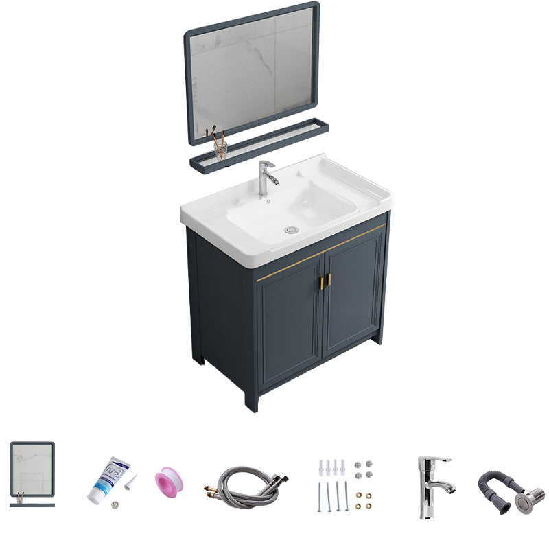 Modern Vanity Set Blue Drawer Ceramic Sink Faucet Vanity with Mirror Vanity & Faucet & Mirrors 28"L x 19"W x 32"H Towel Bar Not Included Clearhalo 'Bathroom Remodel & Bathroom Fixtures' 'Bathroom Vanities' 'bathroom_vanities' 'Home Improvement' 'home_improvement' 'home_improvement_bathroom_vanities' 7174660