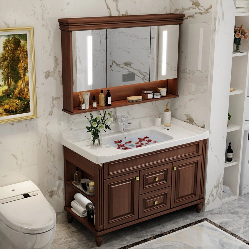 Bathroom Vanity Set Mirror Storage Shelf Ceramic Sink 2 Doors Sink Vanity with Faucet Clearhalo 'Bathroom Remodel & Bathroom Fixtures' 'Bathroom Vanities' 'bathroom_vanities' 'Home Improvement' 'home_improvement' 'home_improvement_bathroom_vanities' 7174680