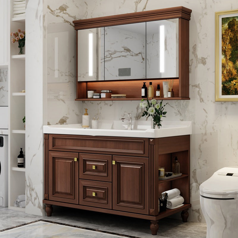 Bathroom Vanity Set Mirror Storage Shelf Ceramic Sink 2 Doors Sink Vanity with Faucet Clearhalo 'Bathroom Remodel & Bathroom Fixtures' 'Bathroom Vanities' 'bathroom_vanities' 'Home Improvement' 'home_improvement' 'home_improvement_bathroom_vanities' 7174683