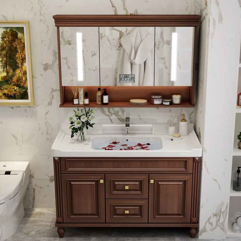 Bathroom Vanity Set Mirror Storage Shelf Ceramic Sink 2 Doors Sink Vanity with Faucet Clearhalo 'Bathroom Remodel & Bathroom Fixtures' 'Bathroom Vanities' 'bathroom_vanities' 'Home Improvement' 'home_improvement' 'home_improvement_bathroom_vanities' 7174695