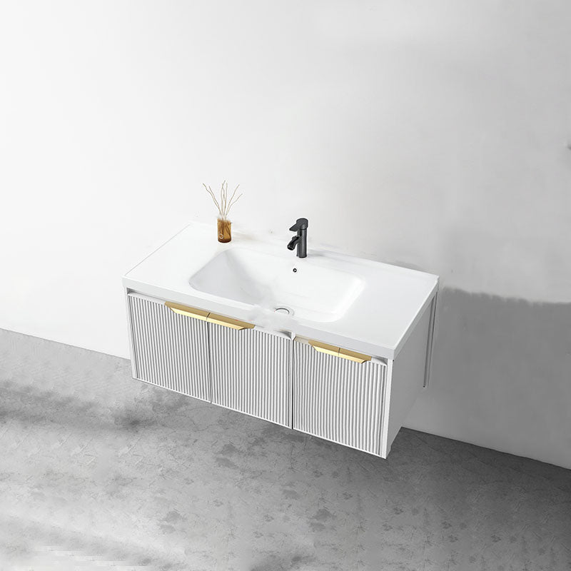 Rectangular White Vanity Single Sink Wall Mount 2 Doors Faucet Metal Frame Mirror Vanity Vanity & Faucet 35.4"L x 18.5"W x 15.7"H Clearhalo 'Bathroom Remodel & Bathroom Fixtures' 'Bathroom Vanities' 'bathroom_vanities' 'Home Improvement' 'home_improvement' 'home_improvement_bathroom_vanities' 7174891