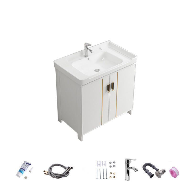 Vanity White Sink Ceramic Drawers Faucet Doors Vanity with Mirror Vanity & Faucet 28"L x 19"W x 32"H Towel Bar Not Included Clearhalo 'Bathroom Remodel & Bathroom Fixtures' 'Bathroom Vanities' 'bathroom_vanities' 'Home Improvement' 'home_improvement' 'home_improvement_bathroom_vanities' 7175076