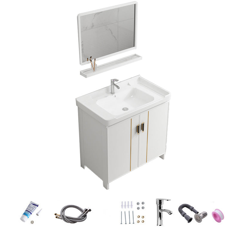 Vanity White Sink Ceramic Drawers Faucet Doors Vanity with Mirror Vanity & Faucet & Mirrors 28"L x 19"W x 32"H Towel Bar Not Included Clearhalo 'Bathroom Remodel & Bathroom Fixtures' 'Bathroom Vanities' 'bathroom_vanities' 'Home Improvement' 'home_improvement' 'home_improvement_bathroom_vanities' 7175079