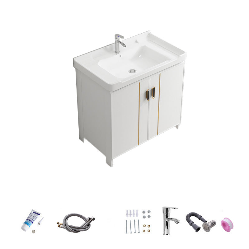 Vanity White Sink Ceramic Drawers Faucet Doors Vanity with Mirror Vanity & Faucet 32"L x 19"W x 32"H Towel Bar Not Included Clearhalo 'Bathroom Remodel & Bathroom Fixtures' 'Bathroom Vanities' 'bathroom_vanities' 'Home Improvement' 'home_improvement' 'home_improvement_bathroom_vanities' 7175086