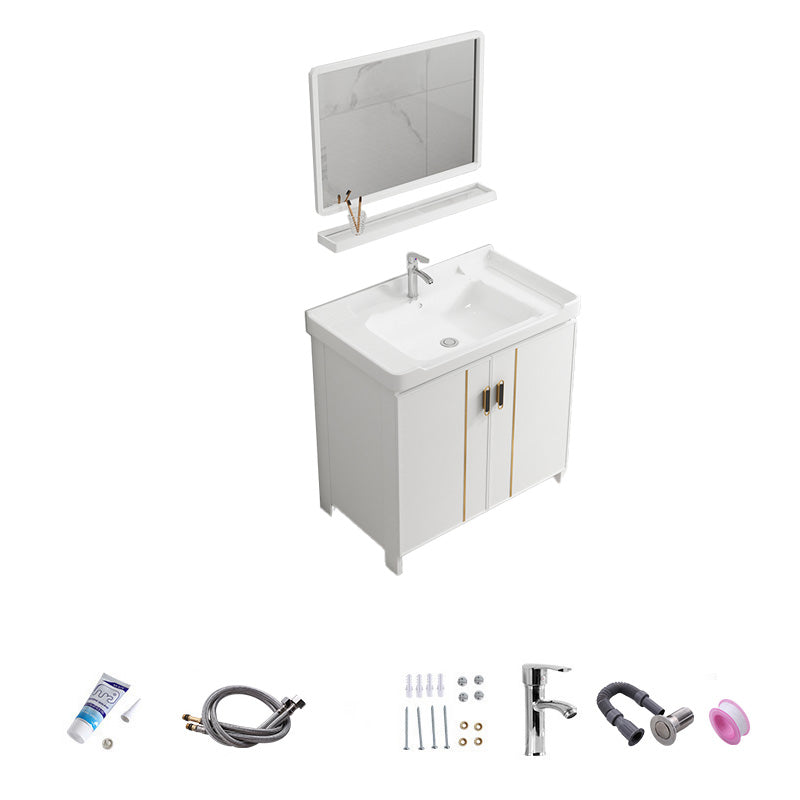 Vanity White Sink Ceramic Drawers Faucet Doors Vanity with Mirror Vanity & Faucet & Mirrors 32"L x 19"W x 32"H Towel Bar Not Included Clearhalo 'Bathroom Remodel & Bathroom Fixtures' 'Bathroom Vanities' 'bathroom_vanities' 'Home Improvement' 'home_improvement' 'home_improvement_bathroom_vanities' 7175087