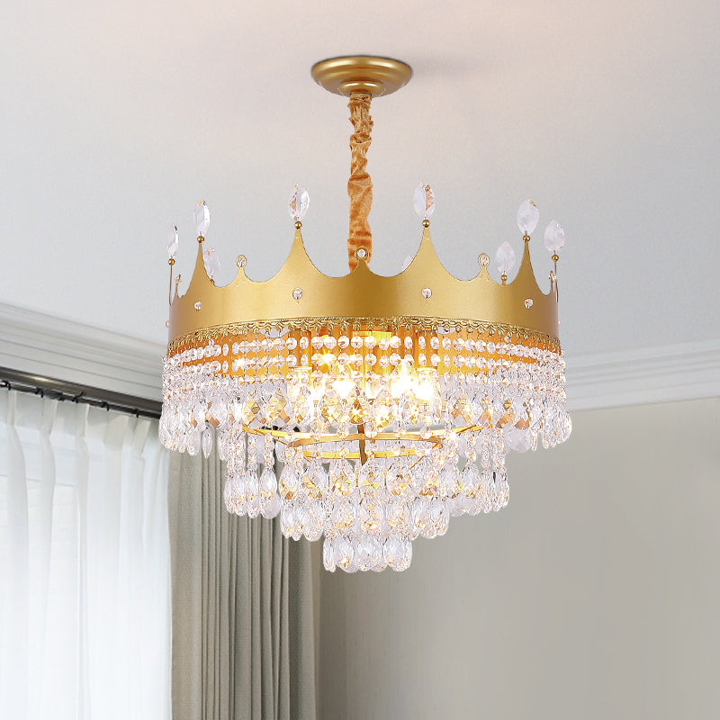 Crown Bedroom Chandelier Metallic 2/4/6 Heads Kids Pendant Light Fixture in Gold with Crystal Drop Deco Gold Clearhalo 'Ceiling Lights' 'Chandeliers' Lighting' options 717558_e26cf0c4-276f-484b-a136-06e6955861ba