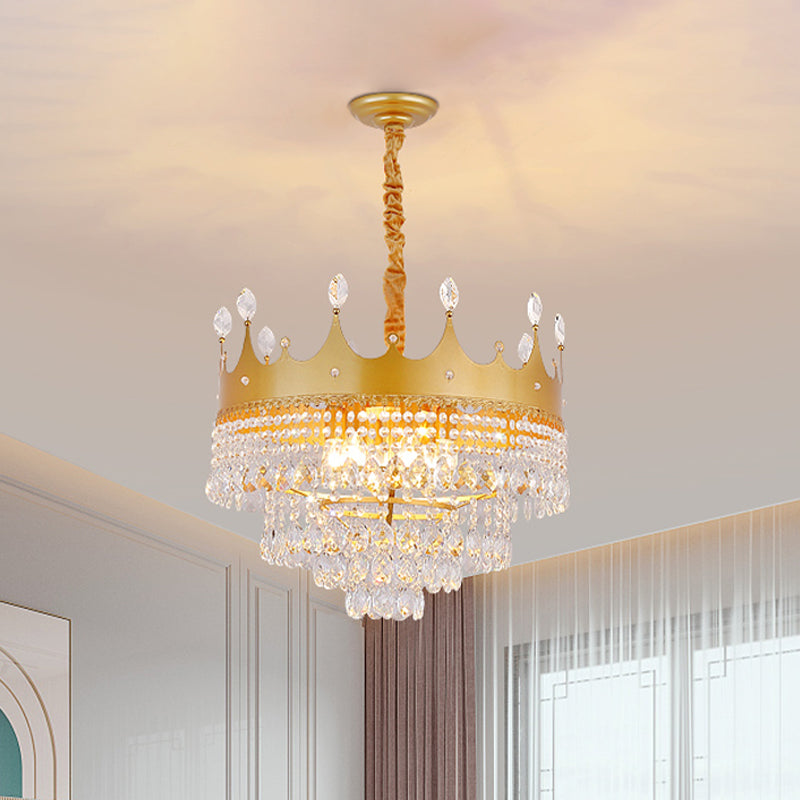 Crown Bedroom Chandelier Metallic 2/4/6 Heads Kids Pendant Light Fixture in Gold with Crystal Drop Deco Clearhalo 'Ceiling Lights' 'Chandeliers' Lighting' options 717559