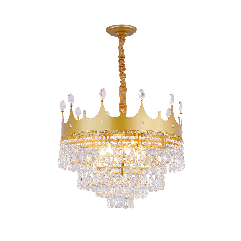 Crown Bedroom Chandelier Metallic 2/4/6 Heads Kids Pendant Light Fixture in Gold with Crystal Drop Deco Clearhalo 'Ceiling Lights' 'Chandeliers' Lighting' options 717560