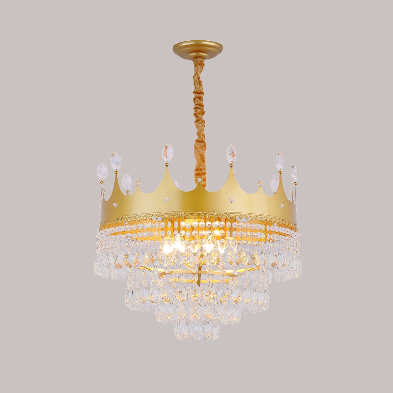 Crown Bedroom Chandelier Metallic 2/4/6 Heads Kids Pendant Light Fixture in Gold with Crystal Drop Deco Clearhalo 'Ceiling Lights' 'Chandeliers' Lighting' options 717561