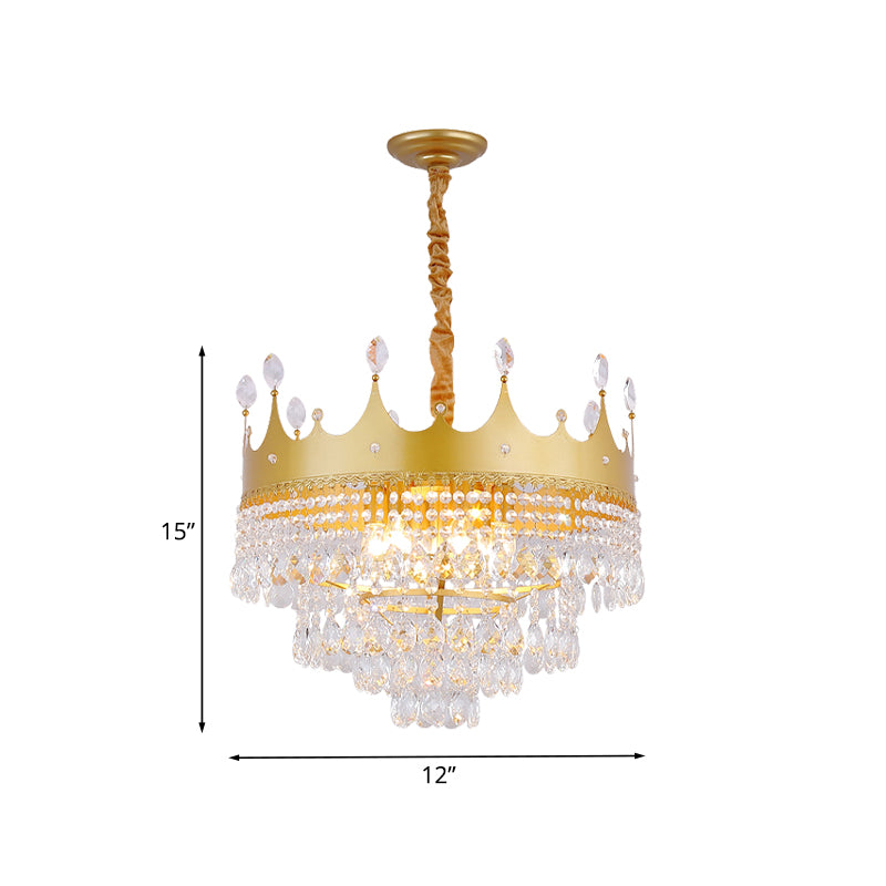 Crown Bedroom Chandelier Metallic 2/4/6 Heads Kids Pendant Light Fixture in Gold with Crystal Drop Deco Clearhalo 'Ceiling Lights' 'Chandeliers' Lighting' options 717562