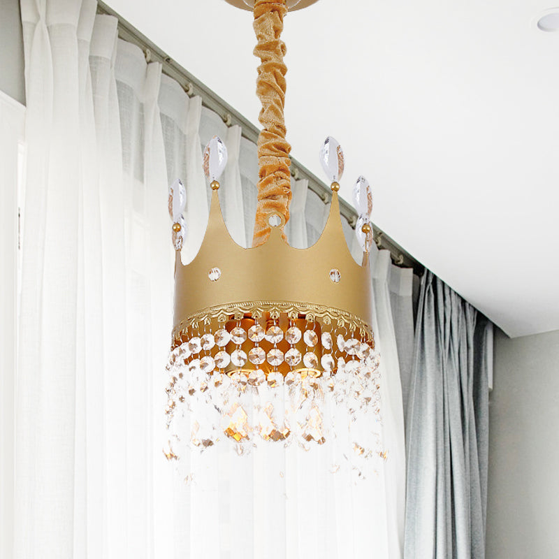 Crown Bedroom Chandelier Metallic 2/4/6 Heads Kids Pendant Light Fixture in Gold with Crystal Drop Deco 2 Gold Clearhalo 'Ceiling Lights' 'Chandeliers' Lighting' options 717565_f54ed7d2-4b55-49a9-99d2-3d2811d68342