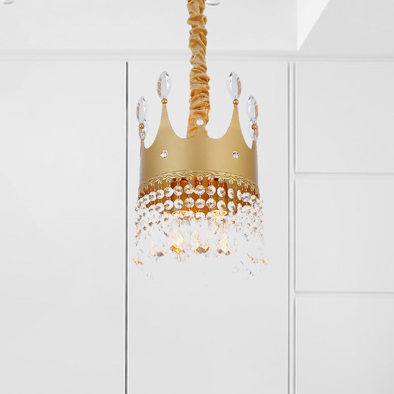 Crown Bedroom Chandelier Metallic 2/4/6 Heads Kids Pendant Light Fixture in Gold with Crystal Drop Deco Clearhalo 'Ceiling Lights' 'Chandeliers' Lighting' options 717566