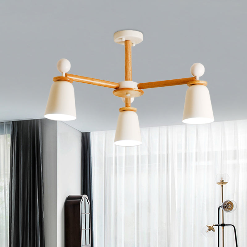 White Finish Bell Semi Flush Lighting Modernist 3/6 Lights Iron Ceiling Mounted Lamp with Wood Arm 3 White Clearhalo 'Ceiling Lights' 'Close To Ceiling Lights' 'Close to ceiling' 'Semi-flushmount' Lighting' 717570