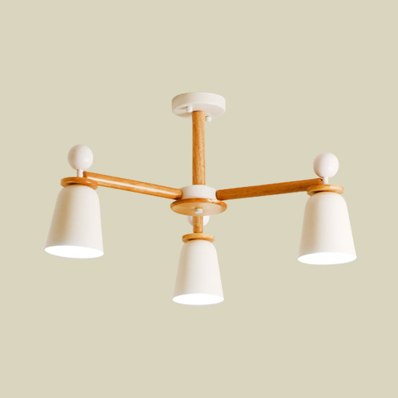 White Finish Bell Semi Flush Lighting Modernist 3/6 Lights Iron Ceiling Mounted Lamp with Wood Arm Clearhalo 'Ceiling Lights' 'Close To Ceiling Lights' 'Close to ceiling' 'Semi-flushmount' Lighting' 717573