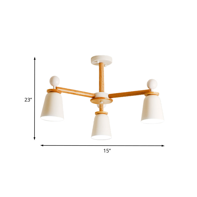 White Finish Bell Semi Flush Lighting Modernist 3/6 Lights Iron Ceiling Mounted Lamp with Wood Arm Clearhalo 'Ceiling Lights' 'Close To Ceiling Lights' 'Close to ceiling' 'Semi-flushmount' Lighting' 717574