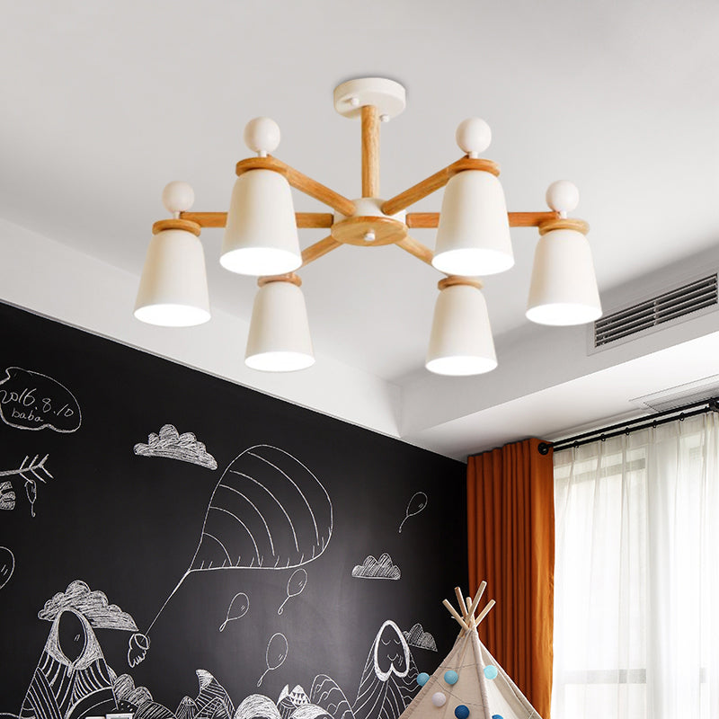 White Finish Bell Semi Flush Lighting Modernist 3/6 Lights Iron Ceiling Mounted Lamp with Wood Arm Clearhalo 'Ceiling Lights' 'Close To Ceiling Lights' 'Close to ceiling' 'Semi-flushmount' Lighting' 717576