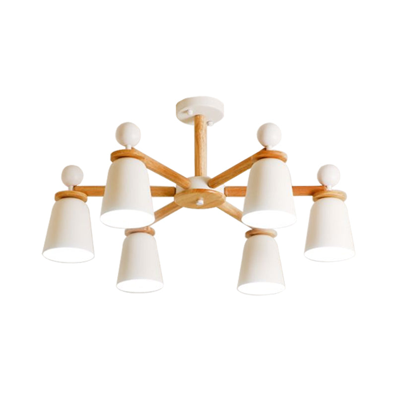 White Finish Bell Semi Flush Lighting Modernist 3/6 Lights Iron Ceiling Mounted Lamp with Wood Arm Clearhalo 'Ceiling Lights' 'Close To Ceiling Lights' 'Close to ceiling' 'Semi-flushmount' Lighting' 717577