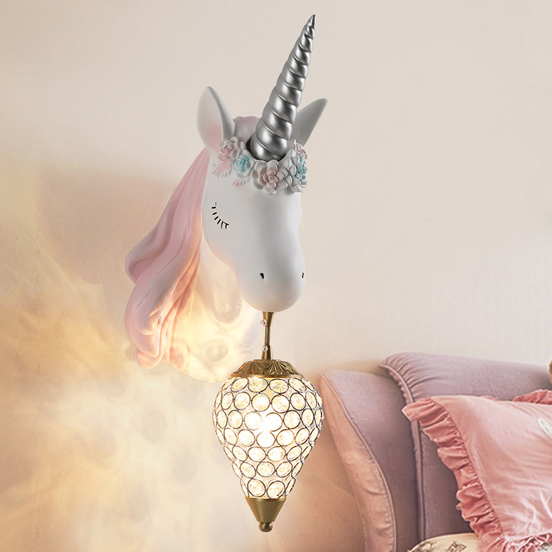 Blue/Pink Teardrop Wall Light Sconce Cartoon 1 Head Crystal Wall Mount Lamp with Unicorn Backplate, Right/Left Pink Right Clearhalo 'Wall Lamps & Sconces' 'Wall Lights' Lighting' 717604