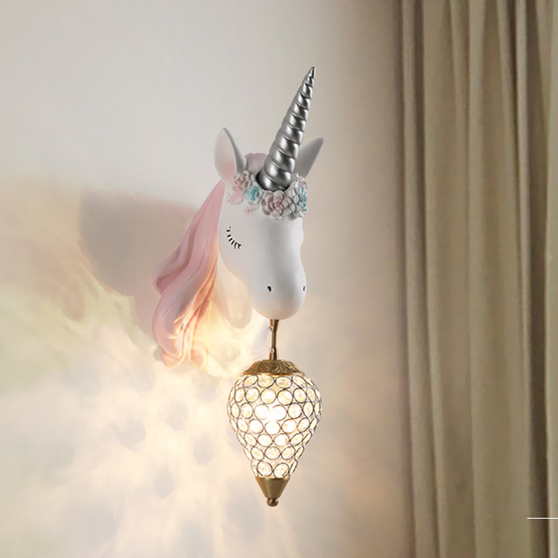 Blue/Pink Teardrop Wall Light Sconce Cartoon 1 Head Crystal Wall Mount Lamp with Unicorn Backplate, Right/Left Clearhalo 'Wall Lamps & Sconces' 'Wall Lights' Lighting' 717605