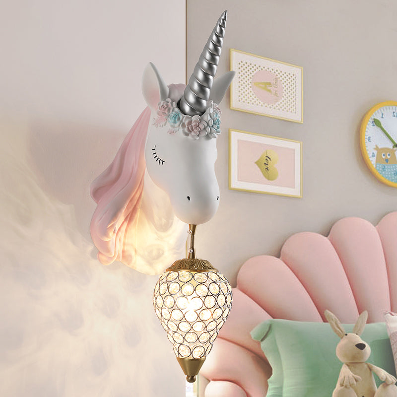 Blue/Pink Teardrop Wall Light Sconce Cartoon 1 Head Crystal Wall Mount Lamp with Unicorn Backplate, Right/Left Clearhalo 'Wall Lamps & Sconces' 'Wall Lights' Lighting' 717606